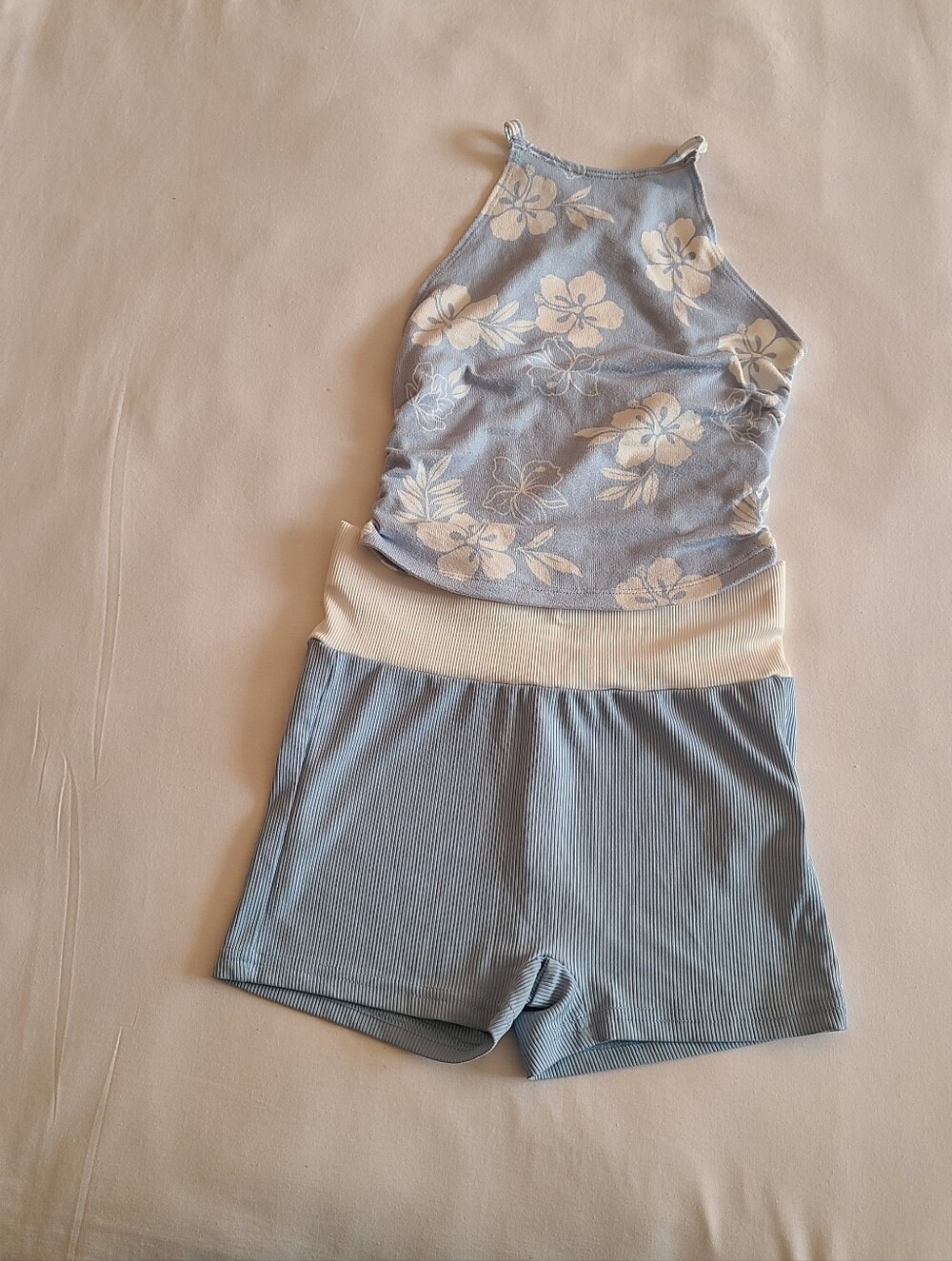 Gilly Hicks Blue & White Floral Knit Tank with Ribbed Shorts Size XXS